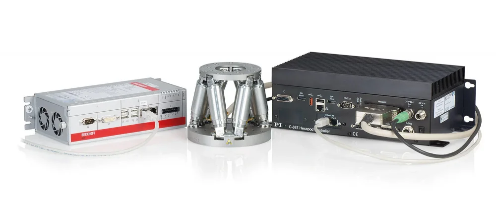 Example configuration: H811.D2 miniature hexapod with C-887.532 motion controller with EtherCAT interface and motion stop. The EtherCAT master, here a Beckhoff controller, is provided and programmed by the customer.