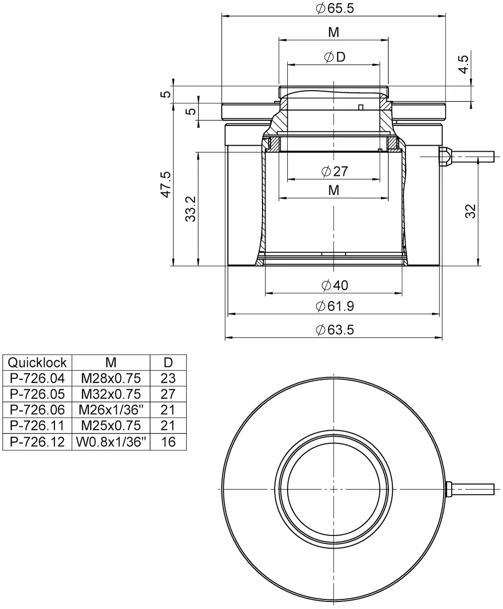P-726 with QuickLock adapter, dimensions in mm