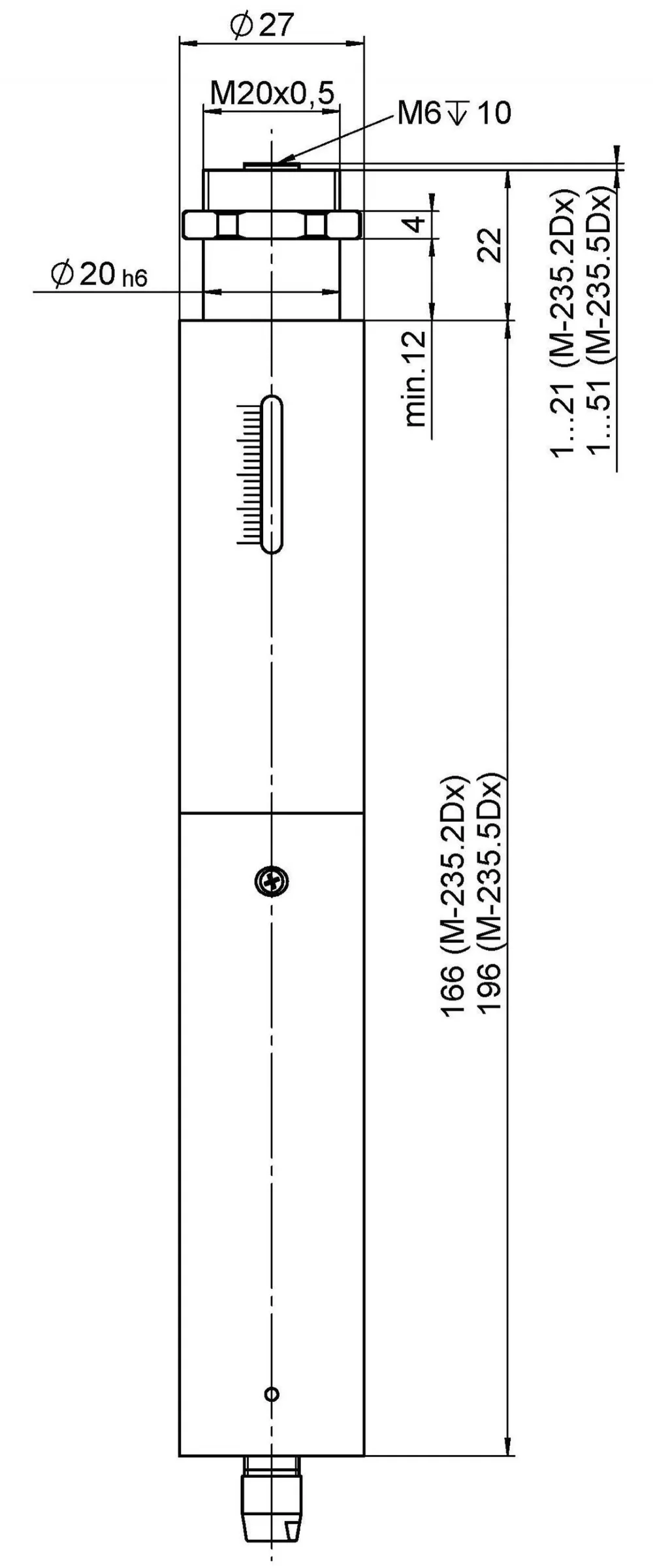 M-235.2DD, M-235.2DG, M-235.5DD, and M-235.5DG, dimensions in mm. Note that a comma is used in the drawing instead of a decimal point.