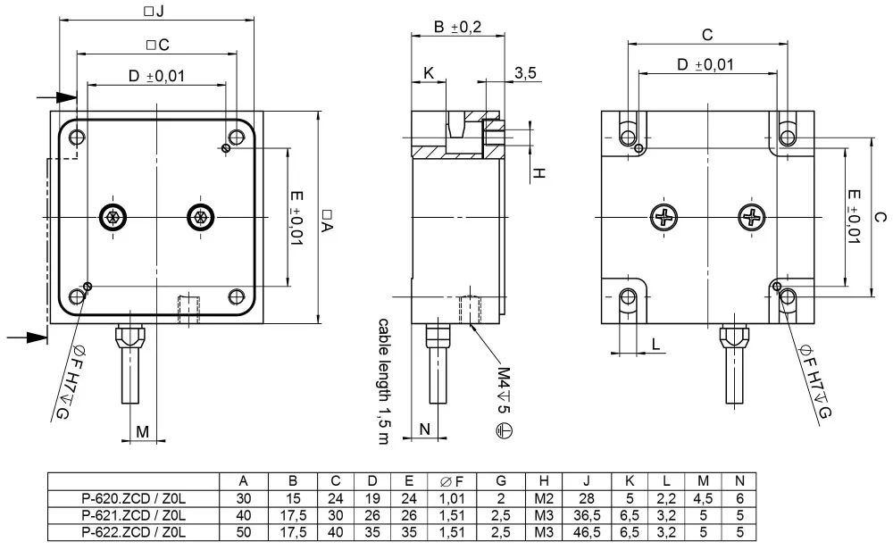 P-62x.ZCD / .ZCL / .Z0L, dimensions in mm. Note that a comma is used in the drawings instead of a decimal point.
