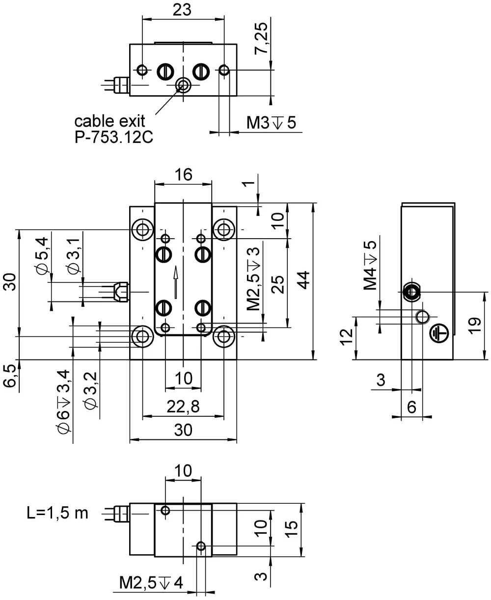 P-753.1, dimensions in mm. Max. torque at the M2.5 threads: 0.3 Nm. Note that a comma is used in the drawings instead of a decimal point.
