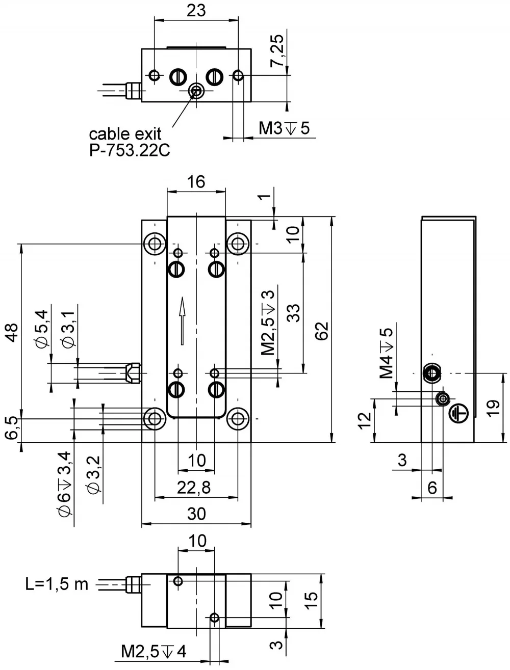 P-753.2, dimensions in mm. Max. torque at the M2.5 threads: 0.3 Nm. Note that a comma is used in the drawings instead of a decimal point.
