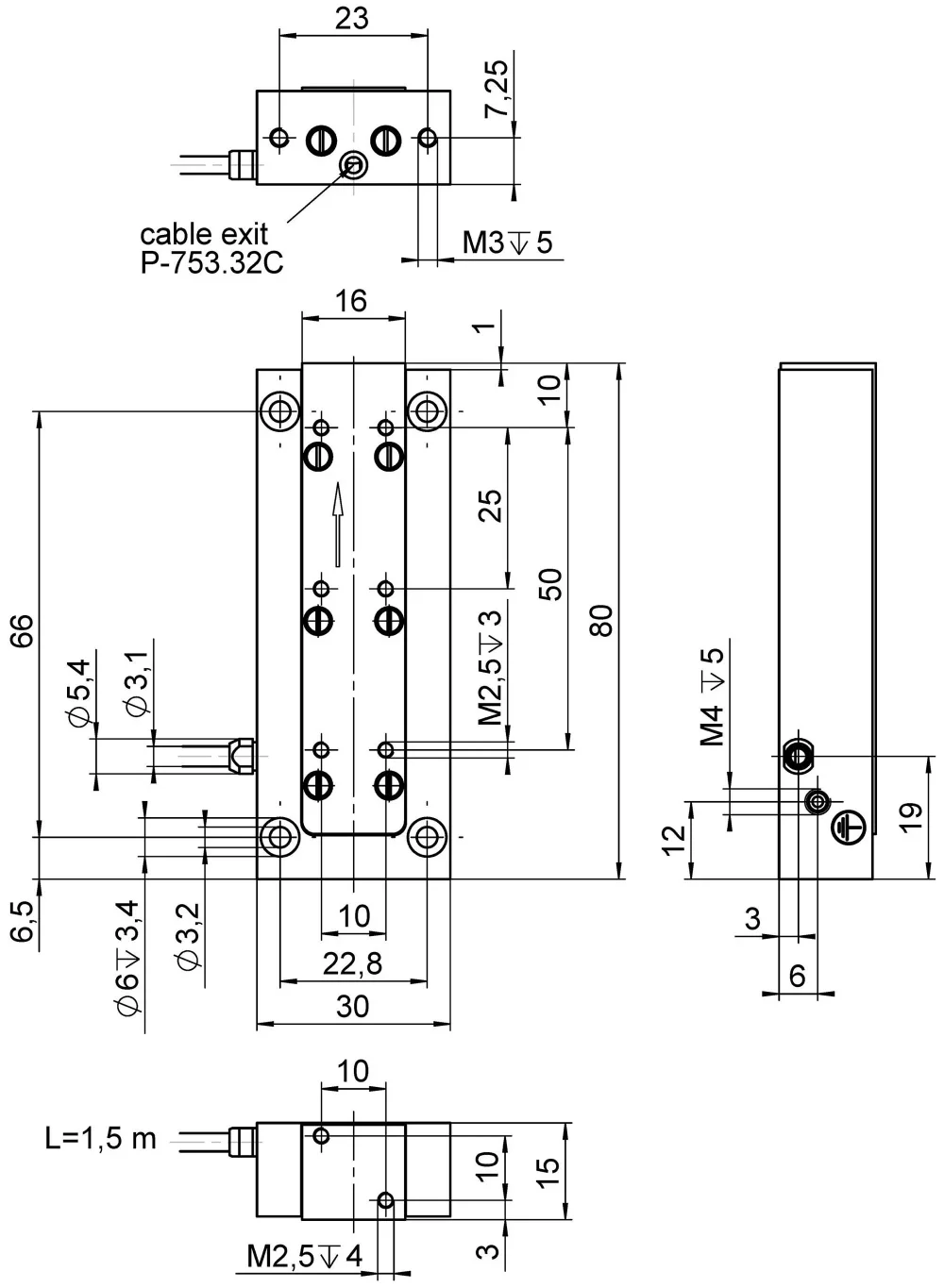 P-753.3, dimensions in mm. Max. torque at the M2.5 threads: 0.3 Nm. Note that a comma is used in the drawings instead of a decimal point.