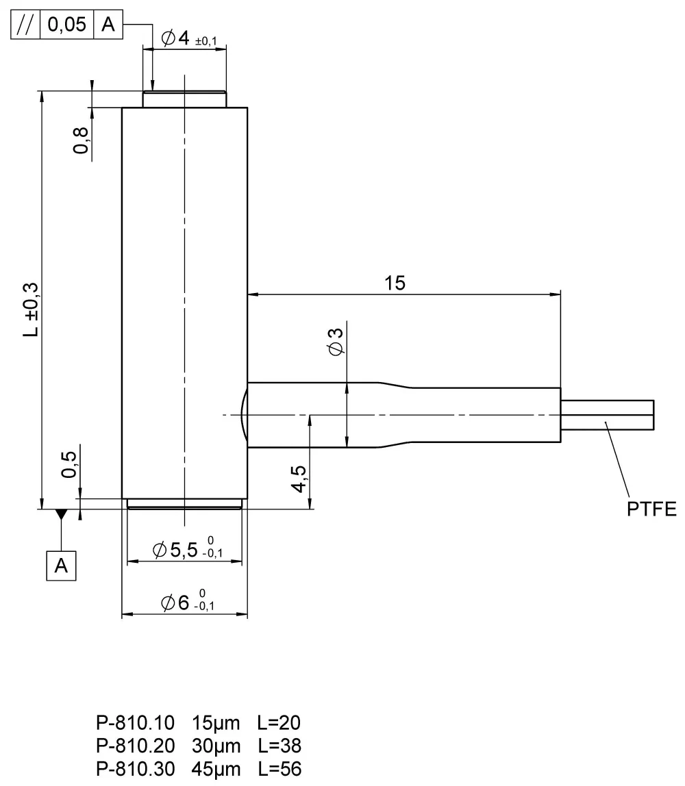 P-810, dimensions in mm. Voltage connection via the PTFE-insulated stranded wires (length: 0.3 m). Note that a comma is used in the drawings instead of a decimal point.