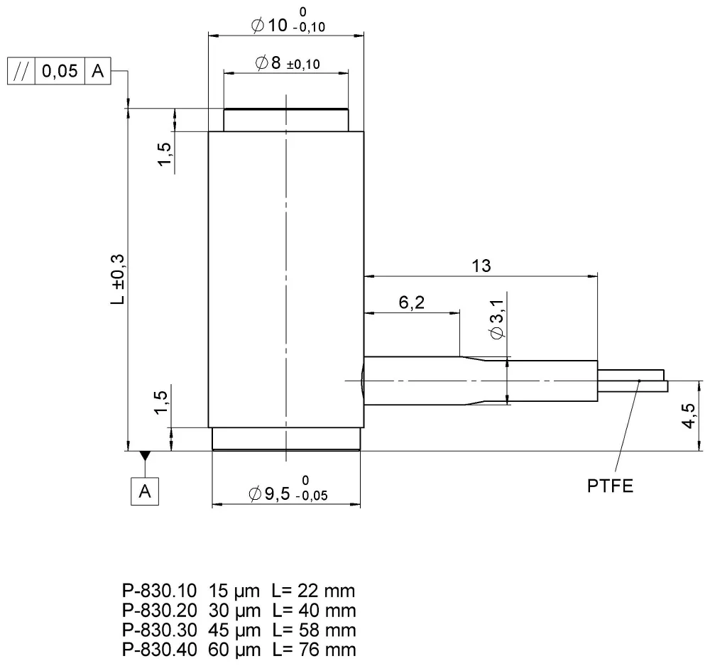 P-830, dimensions in mm. Voltage connection via the PTFE-insulated stranded wires (length: 0.3 m). Note that a comma is used in the drawings instead of a decimal point.