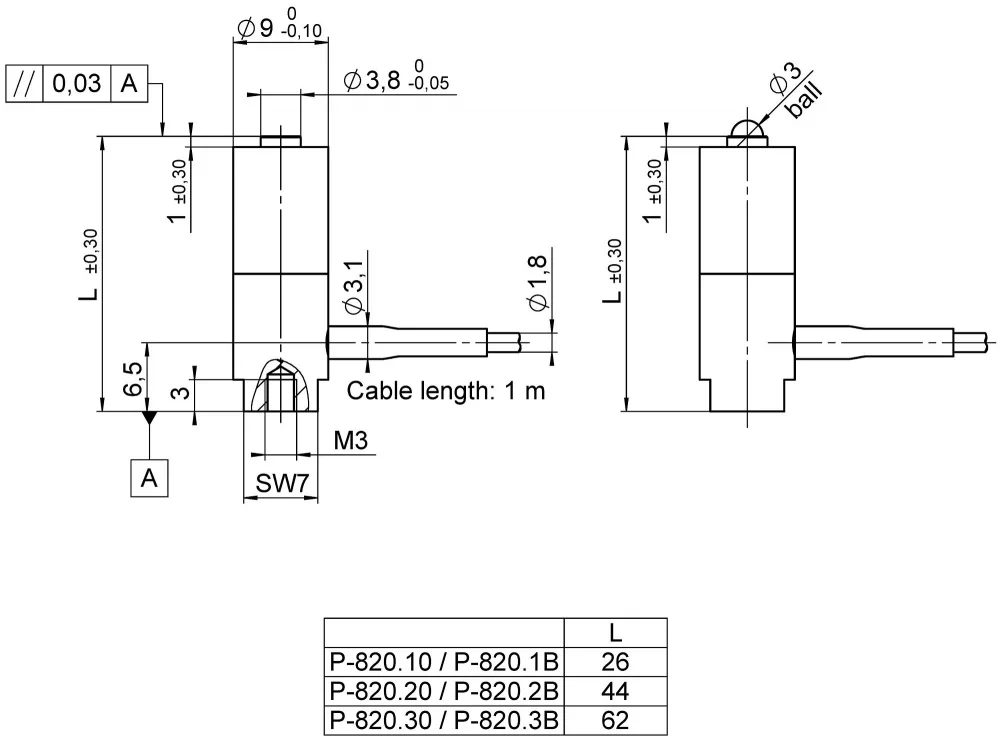 P-820, dimensions in mm. Note that a comma is used in the drawings instead of a decimal point.