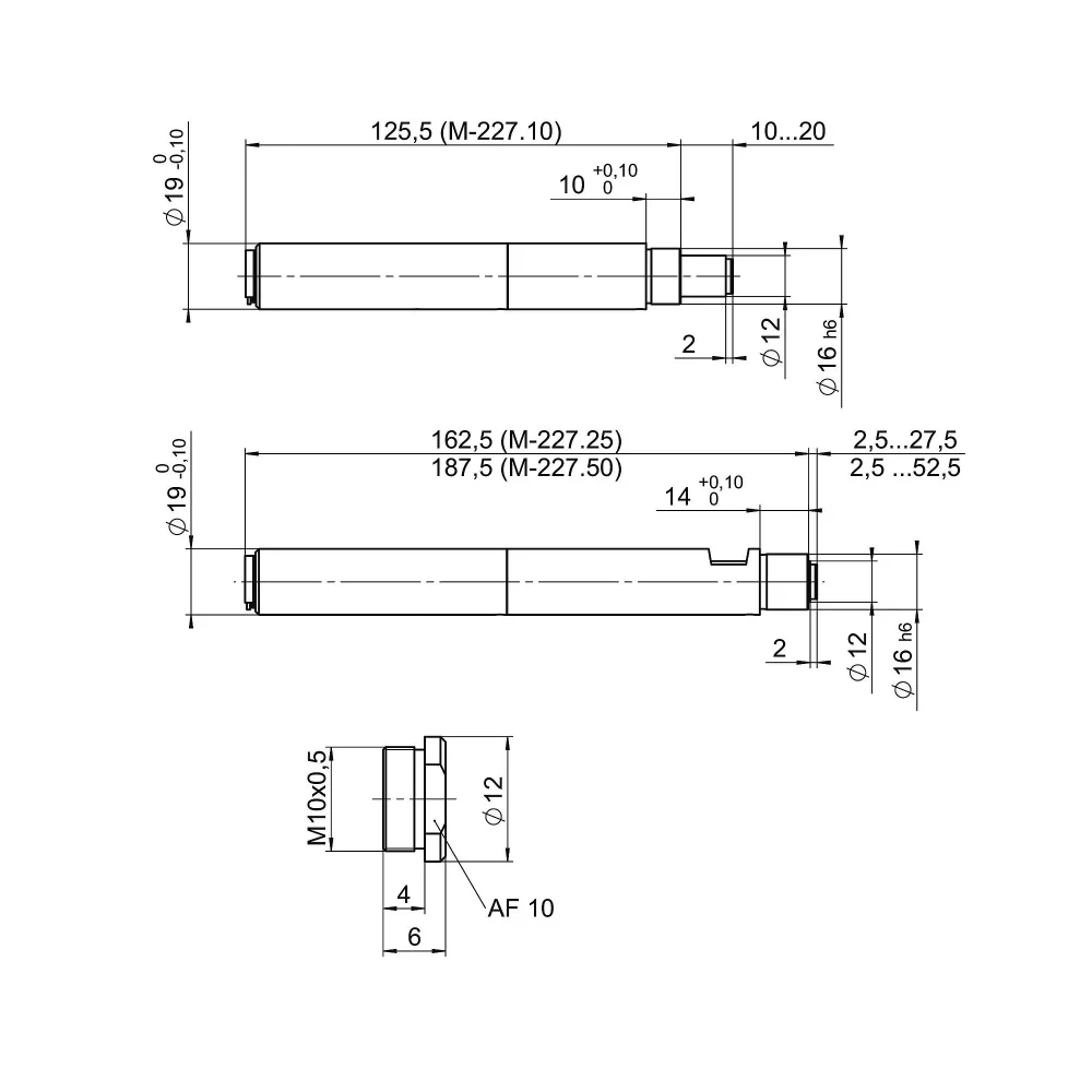 M-227, dimensions in mm. Note that a comma is used in the drawings instead of a decimal point.