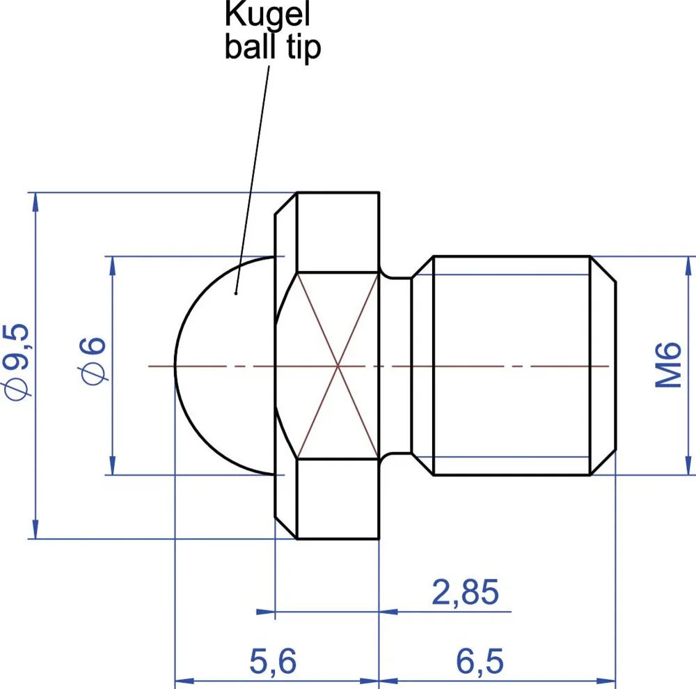 Dimensions of the spherical tip M23550108 (included). Note that a comma is used in the drawing instead of a decimal point.