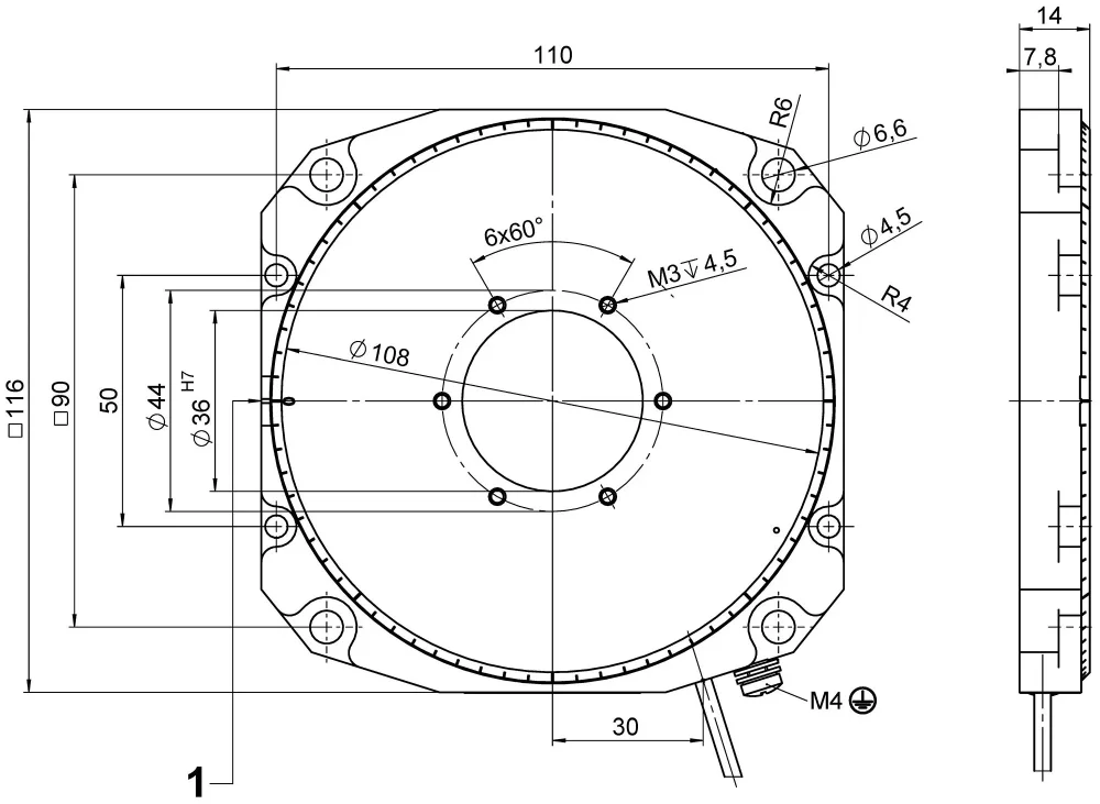 U-651, dimensions in mm. Position of the 0° mark [1] after referencing. Note that a comma is used in the drawings instead of a decimal point.